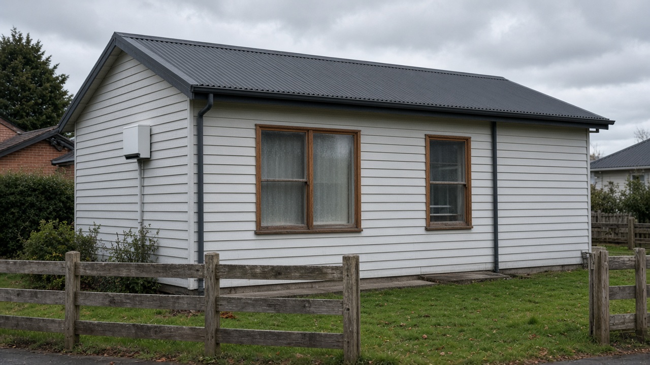 Single-storey weatherboard rental house with a heat pump and condensation on a window