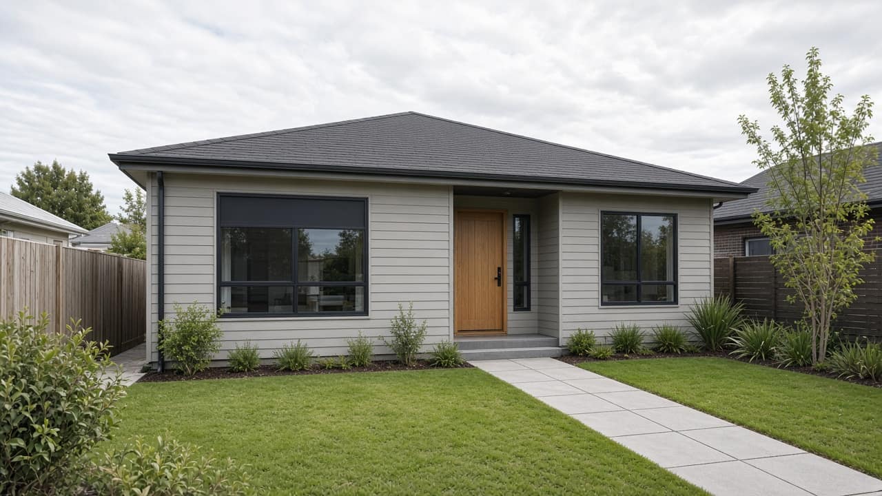 Newly finished single-storey house with light grey weatherboard, a dark roof and a timber front door